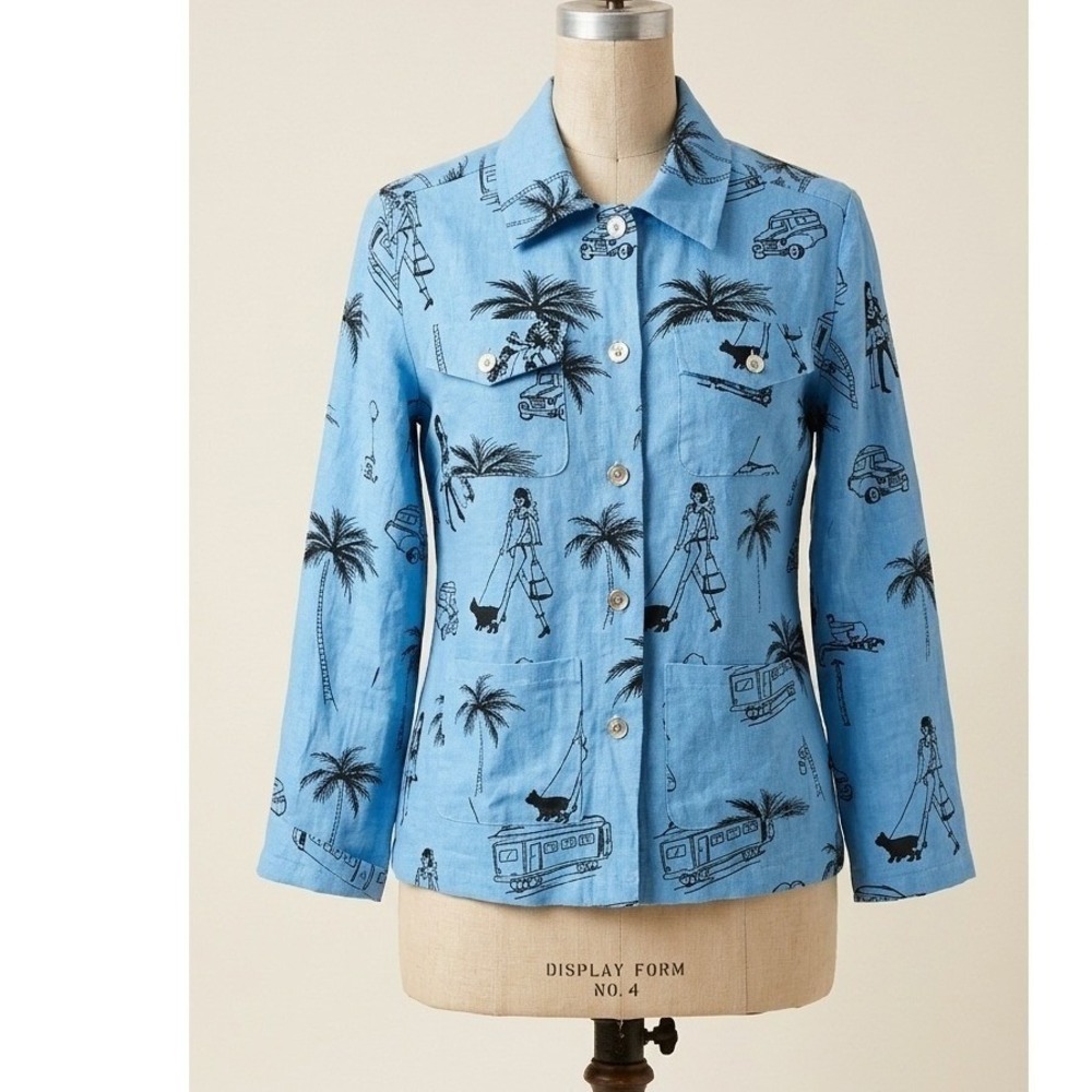 Vintage Blue Novelty Print Linen Shirt Artsy Tourist Beach Women's S